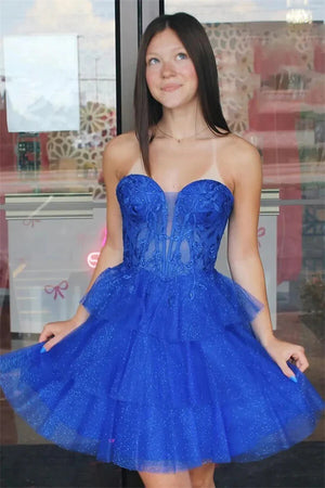 Shiny Tulle Royal Blue A Line Strapless Corset Short Homecoming Dress, PH455 | strapless homecoming dress | new arrival homecoming dress | homecoming dress stores | promnova.com