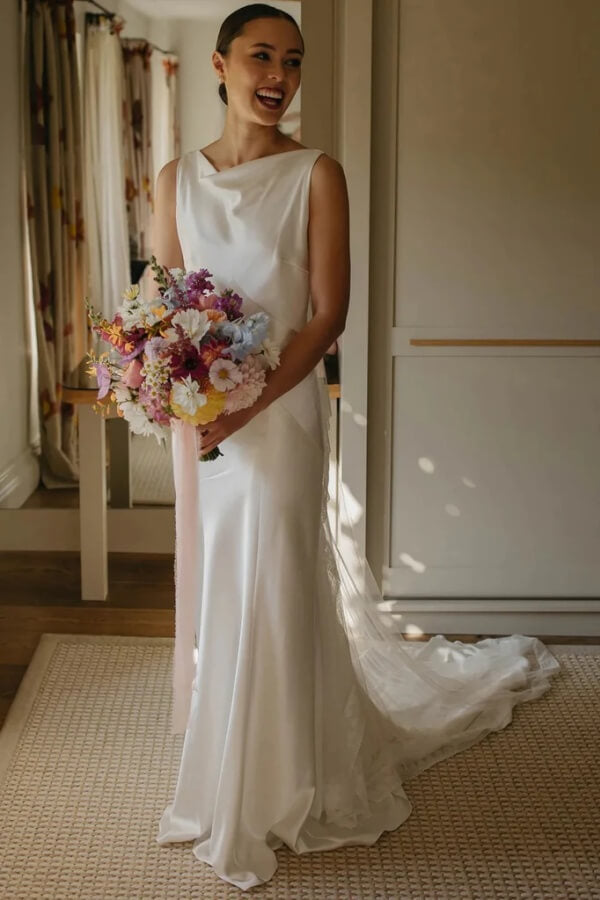 Silk Satin Sheath Cowl Neck Rustic Wedding Dresses, Simple Bridal Gown, PW512 image 1