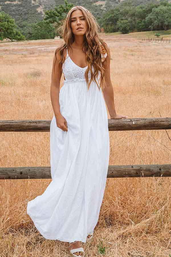 Simple Chiffon Lace Top A Line V Neck Open Back Wedding Dresses, PW393 | cheap lace wedding dress | beach wedding dress | wedding gown | promnova.com