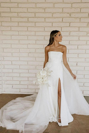 Simple Satin A Line Strapless Wedding Dresses With Slit, Bridal Gowns, PW405 | simple wedding dress | cheap wedding dress | vintage wedding dress | promnova.com