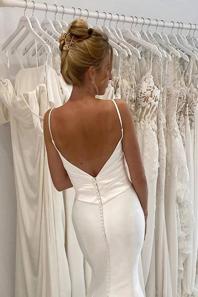 Mermaid V Neck Spaghetti Straps Lace Wedding Dresses With Sweep Train, PW320