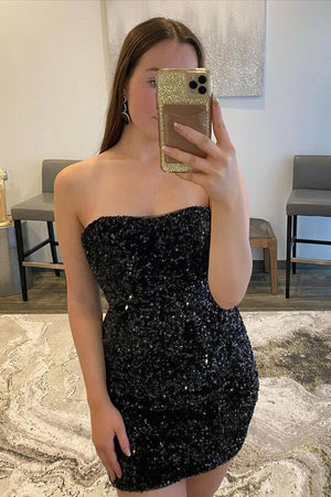 Sparkle Black Sheath Sequins Strapless Short Homecoming Dresses, PH441 image 2