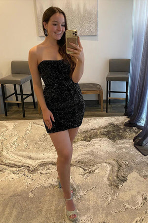 Sparkle Black Sheath Sequins Strapless Short Homecoming Dresses, PH441 image 1