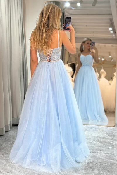 Blue Tulle A-line Spaghetti Straps Floor length Prom Dresses, Formal Dress,  MP669, Blue Tulle 