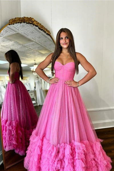 Strapless Corset Ruffles Tulle Fuchsia Long Prom Dress main image 1
