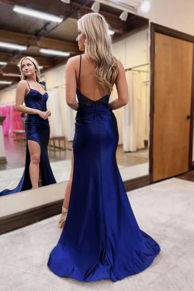 Sparkly Navy Mermaid Beaded Prom Dresses With Slit, PL669