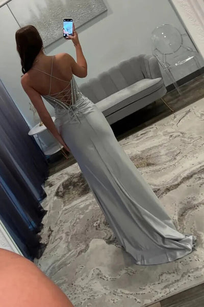 Sparkly Silver Satin Spaghetti Straps Prom Dresses, PL706 | Promnova