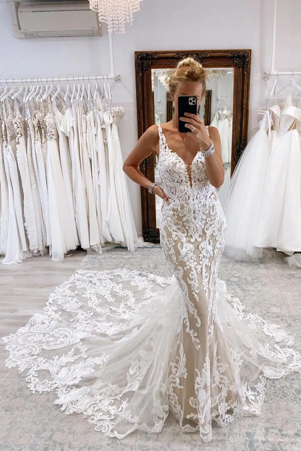 Stunning Mermaid Tulle Plunge Neck Bridal Gown, Lace Wedding Dresses, PW481 | mermaid lace wedding dress | wedding dress nearby | champagne wedding dress | promnova.com