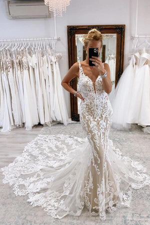 Stunning Mermaid Tulle Plunge Neck Bridal Gown, Lace Wedding Dresses, PW481 | mermaid lace wedding dress | wedding dress nearby | champagne wedding dress | promnova.com