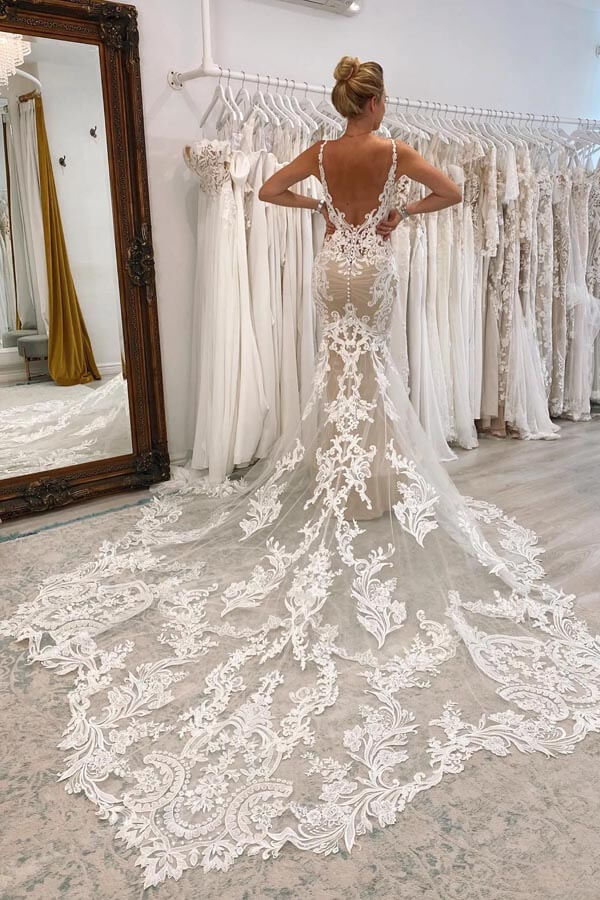 Stunning Mermaid Tulle Plunge Neck Bridal Gown, Lace Wedding Dresses, PW481 | cheap lace wedding dress | wedding dresses online | vintage wedding dress | promnova.com