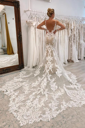 Stunning Mermaid Tulle Plunge Neck Bridal Gown, Lace Wedding Dresses, PW481 | cheap lace wedding dress | wedding dresses online | vintage wedding dress | promnova.com