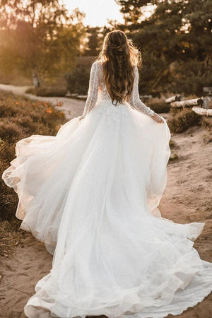 Tulle A Line Deep V Neck Long Sleeves Lace Appliques Wedding Dress, PW396 | backless wedding dress | ivory wedding dress | vintage wedding dress | promnova.com