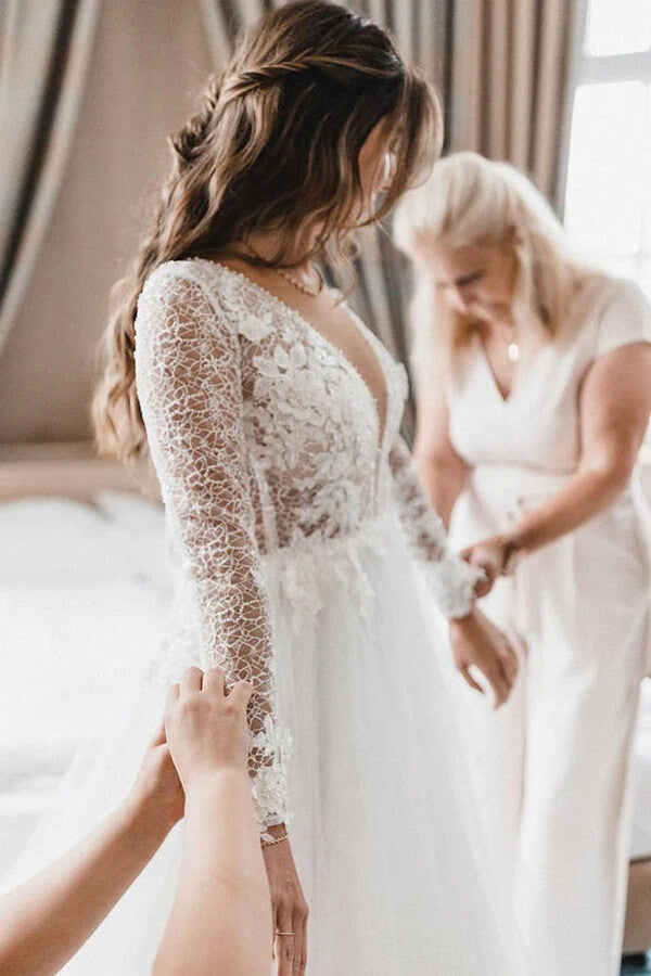 Tulle A Line Deep V Neck Long Sleeves Lace Appliques Wedding Dress, PW396 | v neck wedding dress | lace wedding gown | wedding dress stores | promnova.com