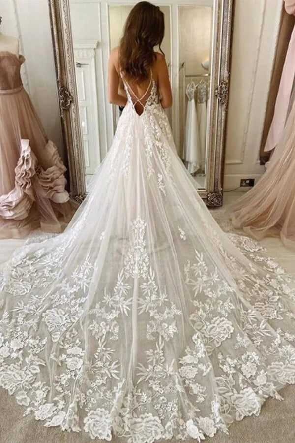 Tulle A Line Deep V Neck Spaghetti Straps Lace Wedding Dresses, Bridal Gown, PW500 | bohemian wedding dress | wedding dress stores | new arrival wedding dress | promnova.com