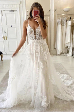 Tulle A Line Deep V Neck Spaghetti Straps Lace Wedding Dresses, Bridal Gown, PW500 | cheap lace wedding dress | vintage wedding dress | wedding gown | promnova.com
