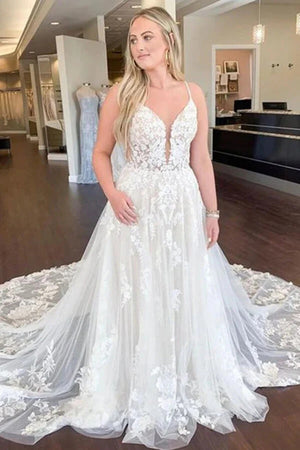 Tulle A Line Deep V Neck Spaghetti Straps Lace Wedding Dresses, Bridal Gown, PW500 | simple wedding dress | beach wedding dress | summer wedding dress | promnova.com