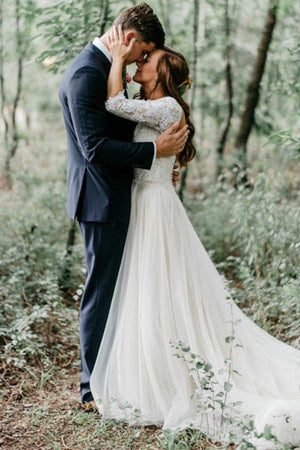 Tulle A Line Half Sleeves Backless Wedding Dresses With Lace Appliques, PW371 | a line wedding dress | wedding gowns | bridal style | promnova.com