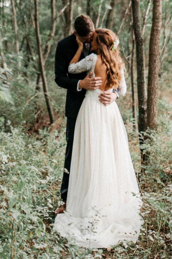 Tulle A Line Half Sleeves Backless Wedding Dresses With Lace Appliques, PW371 | wedding dresses near me | bridal gown | wedding dresses cheap | promnova.com