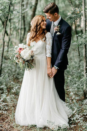 Tulle A Line Half Sleeves Backless Wedding Dresses With Lace Appliques, PW371 | lace wedding dress | cheap wedding dresses online | wedding dress stores | promnova.com