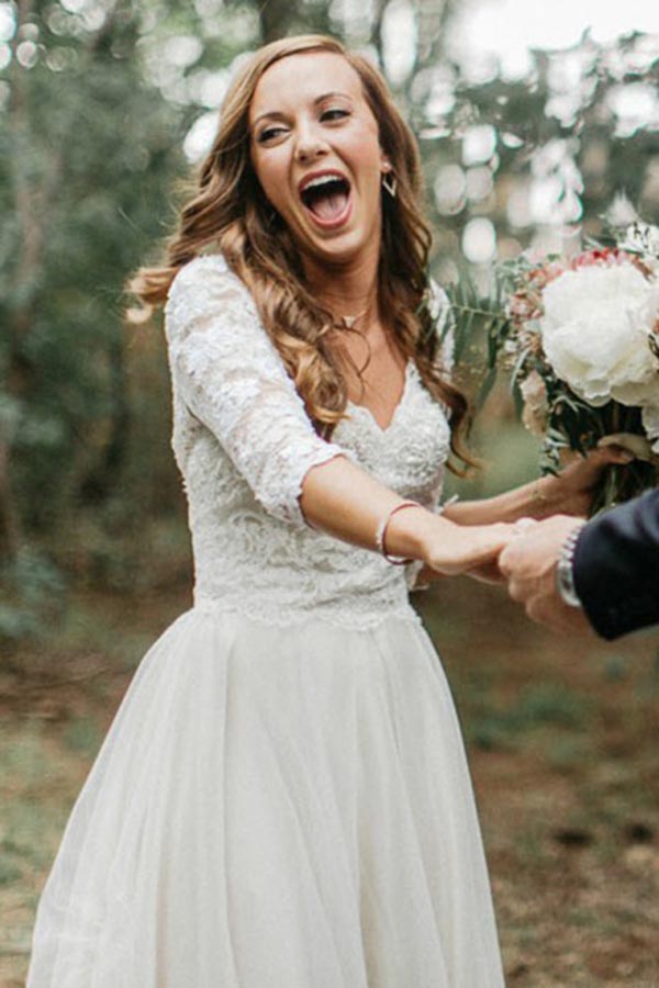 Tulle A Line Half Sleeves Backless Wedding Dresses With Lace Appliques, PW371 | wedding dress with sleeves | summer wedding dresses | outdoor wedding dresses | promnova.com