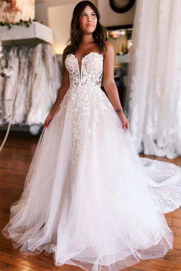 Tulle A Line Lace Appliques Strapless Wedding Dresses With Court Train, PW431 image 1