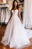Tulle A Line Lace Appliques Strapless Wedding Dresses With Court Train, PW431