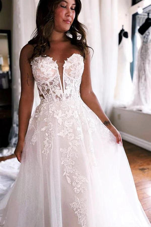 Tulle A Line Lace Appliques Strapless Wedding Dresses With Court Train, PW431 image 2