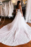 Tulle A Line Lace Appliques Strapless Wedding Dresses With Court Train, PW431 image 3