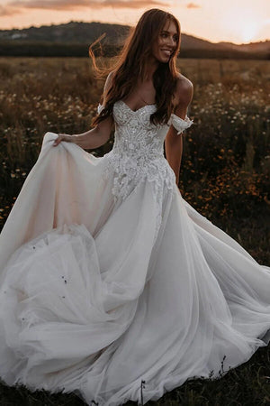 Tulle A Line Off-the-Shoulder Wedding Dresses With Lace Appliques, PW416 image 1