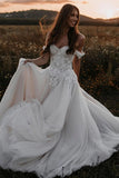 Tulle A Line Off-the-Shoulder Wedding Dresses With Lace Appliques, PW416