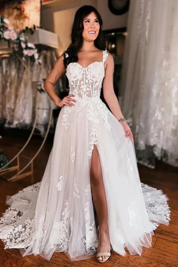 Tulle A Line Off Shoulder Lace Appliques Boho Wedding Dresses With Slit, PW446 | cheap wedding dresses online | beach wedding dress | tulle wedding dress | promnova.com