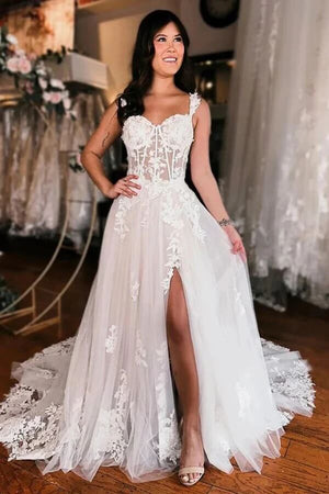 Tulle A Line Off Shoulder Lace Appliques Boho Wedding Dresses With Slit, PW446 | cheap wedding dresses online | beach wedding dress | tulle wedding dress | promnova.com