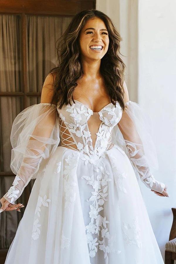 Tulle A Line Off Shoulder Long Sleeves Lace Appliques Wedding Dresses, PW362 | vintage wedding dresses | wedding dress stores | bohemian wedding dresses | promnova.com