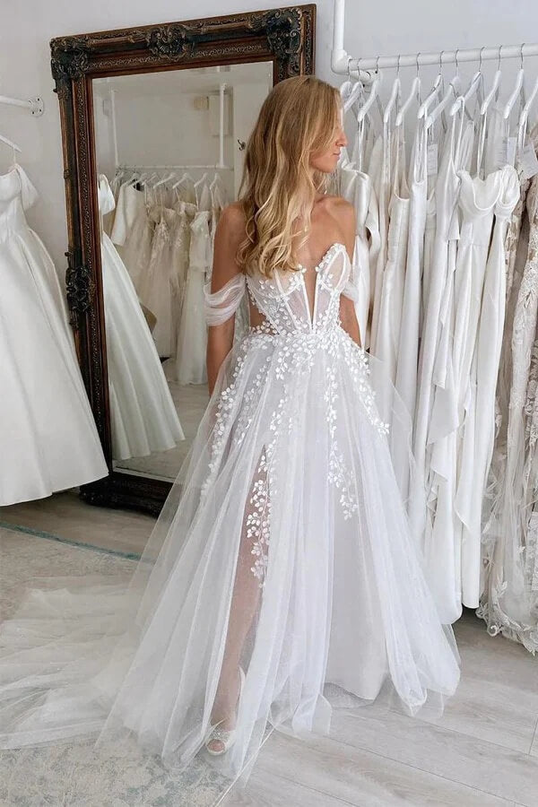 Tulle A Line Off Shoulder Sweetheart Lace Appliques Beach Wedding Dress, PW500 image 2