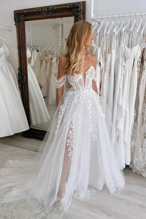 Tulle A Line Off Shoulder Sweetheart Lace Appliques Beach Wedding Dress, PW500 image 2