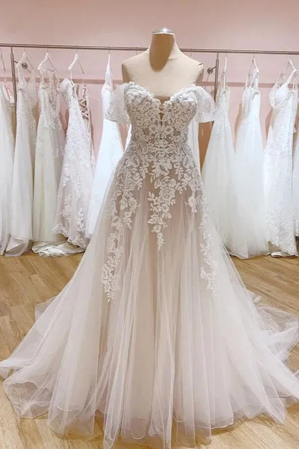 Tulle A Line Off The Shoulder Lace Appliques Wedding Dresses, Bridal Gown, PW499 image 1