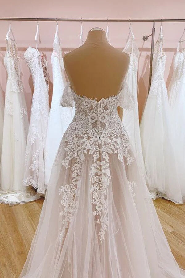 Tulle A Line Off The Shoulder Lace Appliques Wedding Dresses, Bridal Gown, PW499 image 4
