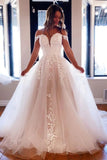 Tulle A Line Princess Off Shoulder Chapel Train Lace Wedding Dresses, PW473