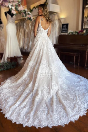 Tulle A Line Spaghetti Straps Sweetheart Neck Wedding Dress With Slit, PW460 | lace wedding gown | cheap lace wedding dress | wedding dresses near me | promnova.com