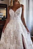 Tulle A Line Spaghetti Straps Sweetheart Neck Wedding Dress With Slit, PW460 | v neck wedding dress | tulle wedding dress | summer wedding dress | promnova.com