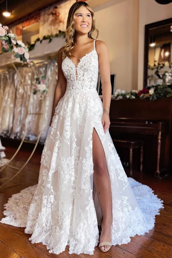 Tulle A Line Spaghetti Straps Sweetheart Neck Wedding Dress With Slit, PW460 | vintage wedding dress | cheap lace wedding dress | bohemian wedding dress | promnova.com