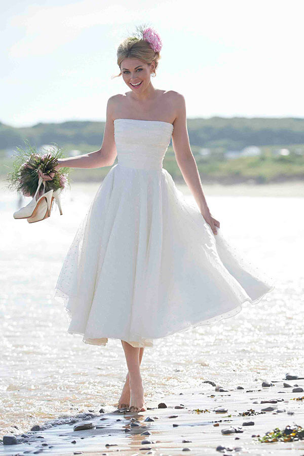 Tulle A Line Straight Across Tea-length Wedding Dresses With Ruffles, PW411 image 1