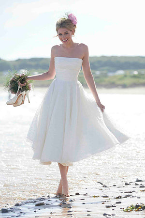 Tulle A Line Straight Across Tea-length Wedding Dresses With Ruffles, PW411 image 1