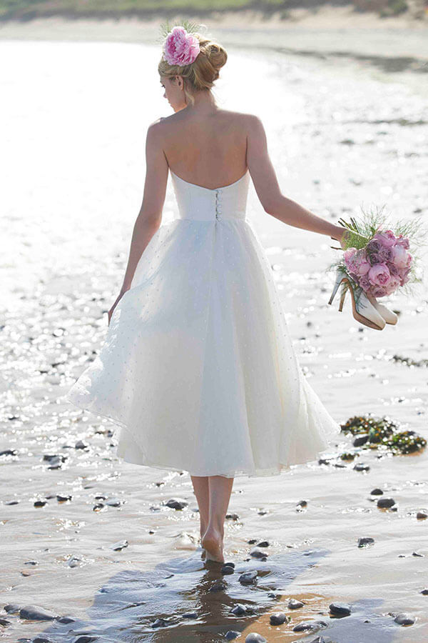Tulle A Line Straight Across Tea-length Wedding Dresses With Ruffles, PW411 image 2