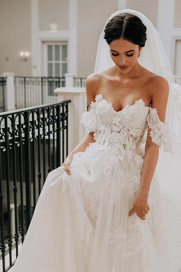 Tulle A Line Sweetheart Neck Wedding Dresses With Lace Appliques, PW366 | boho wedding dress | simple wedding dress | summer wedding dresses | promnova.com