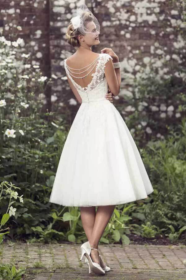 Tulle A Line Tea Length Short Wedding Dresses With Lace Appliques, PW494 | backless wedding dress | wedding dress shops | cheap lace wedding dress | promnova.com