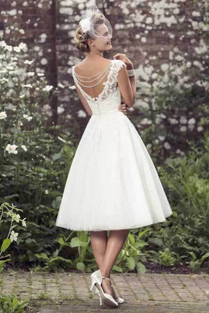 Tulle A Line Tea Length Short Wedding Dresses With Lace Appliques, PW494 | backless wedding dress | wedding dress shops | cheap lace wedding dress | promnova.com