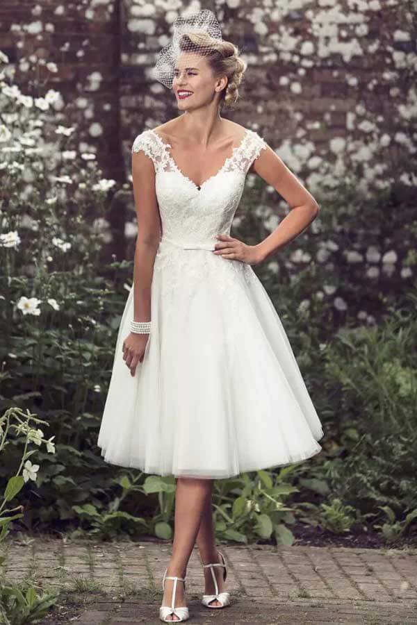Tulle A Line Tea Length Short Wedding Dresses With Lace Appliques, PW494 | short bridal gown | wedding dress online | simple wedding dress | promnova.com