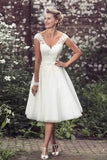 Tulle A Line Tea Length Short Wedding Dresses With Lace Appliques, PW494 | short bridal gown | wedding dress online | simple wedding dress | promnova.com