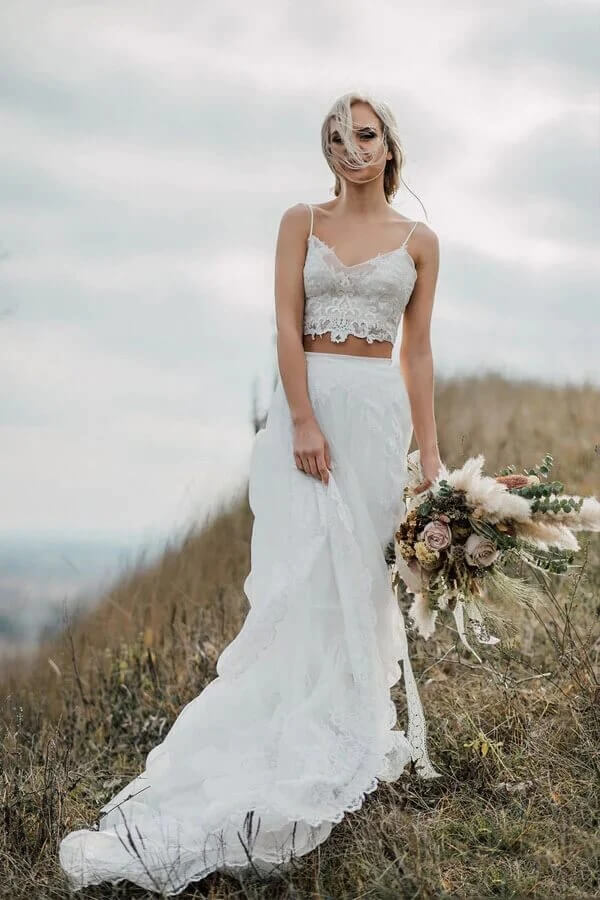 Tulle A Line Two Pieces Lace Appliques Spaghetti Straps Wedding Dresses, PW356 | beach wedding dresses | wedding dress stores | bridal gown | wedding dresses near me | promnova.com